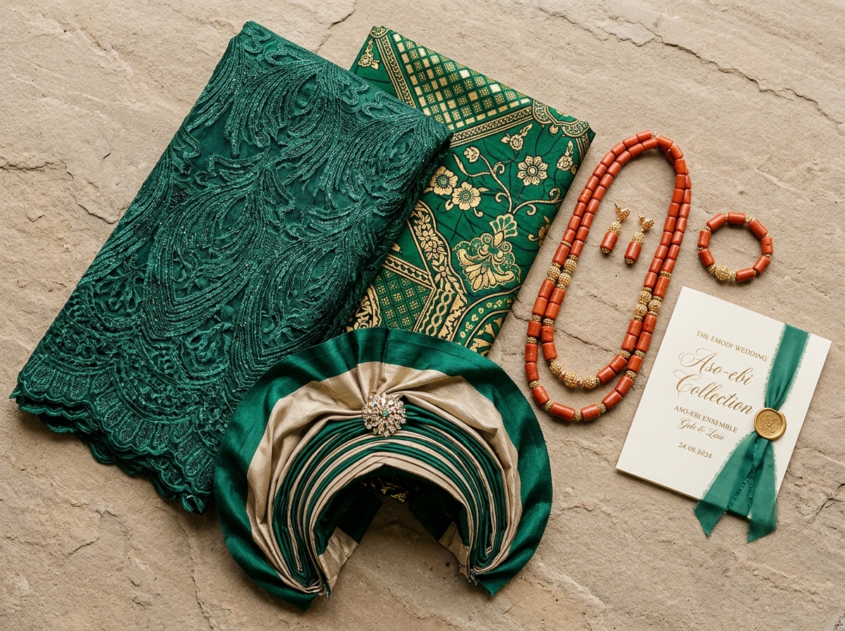 Aso Ebi Emerald Green Lace, Ankara Fabric, and Gele