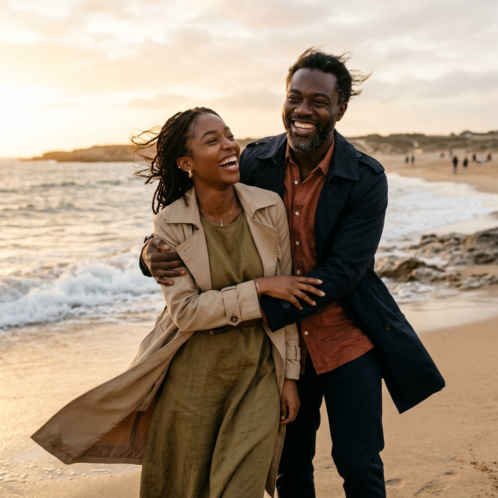 Amara & Chukwu laughing joyfully on the beach