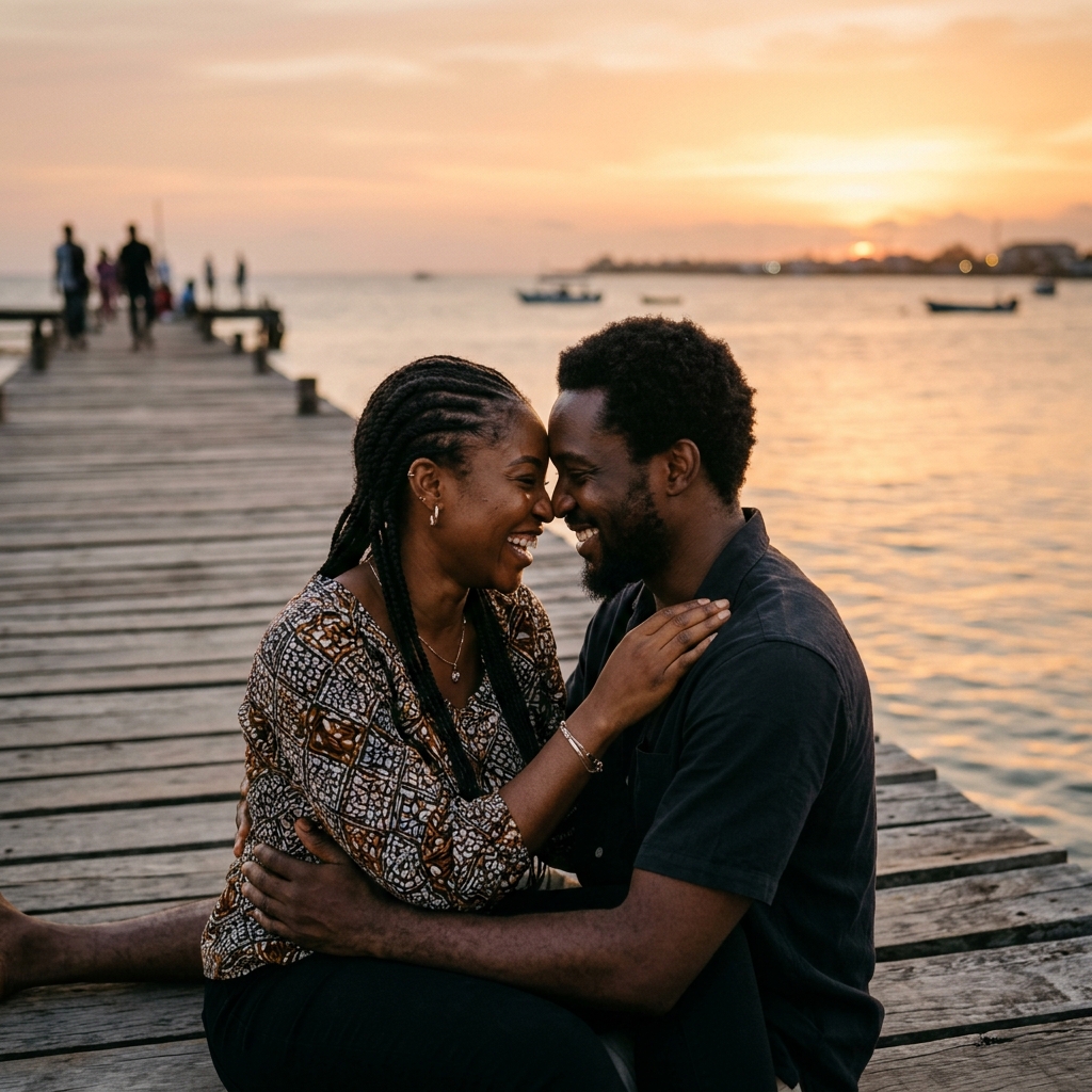 Amara & Chukwu smiling intimately at sunset