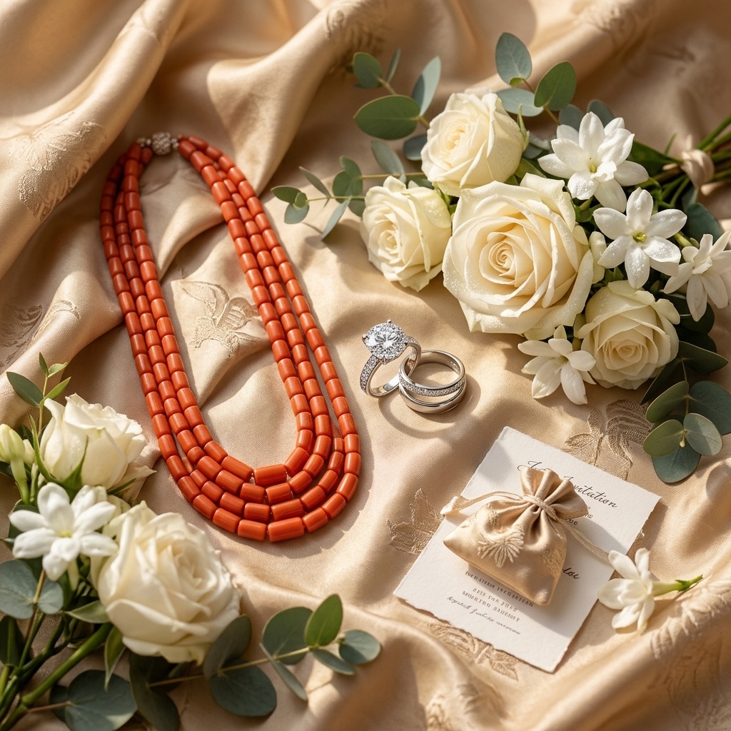 Traditional coral beads, gold rings, and nuptial appreciation gifts