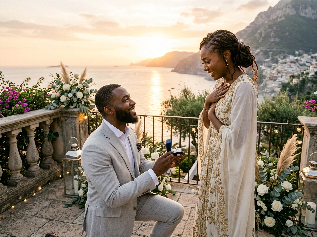 Chukwu proposing to Amara on a sunset terrace